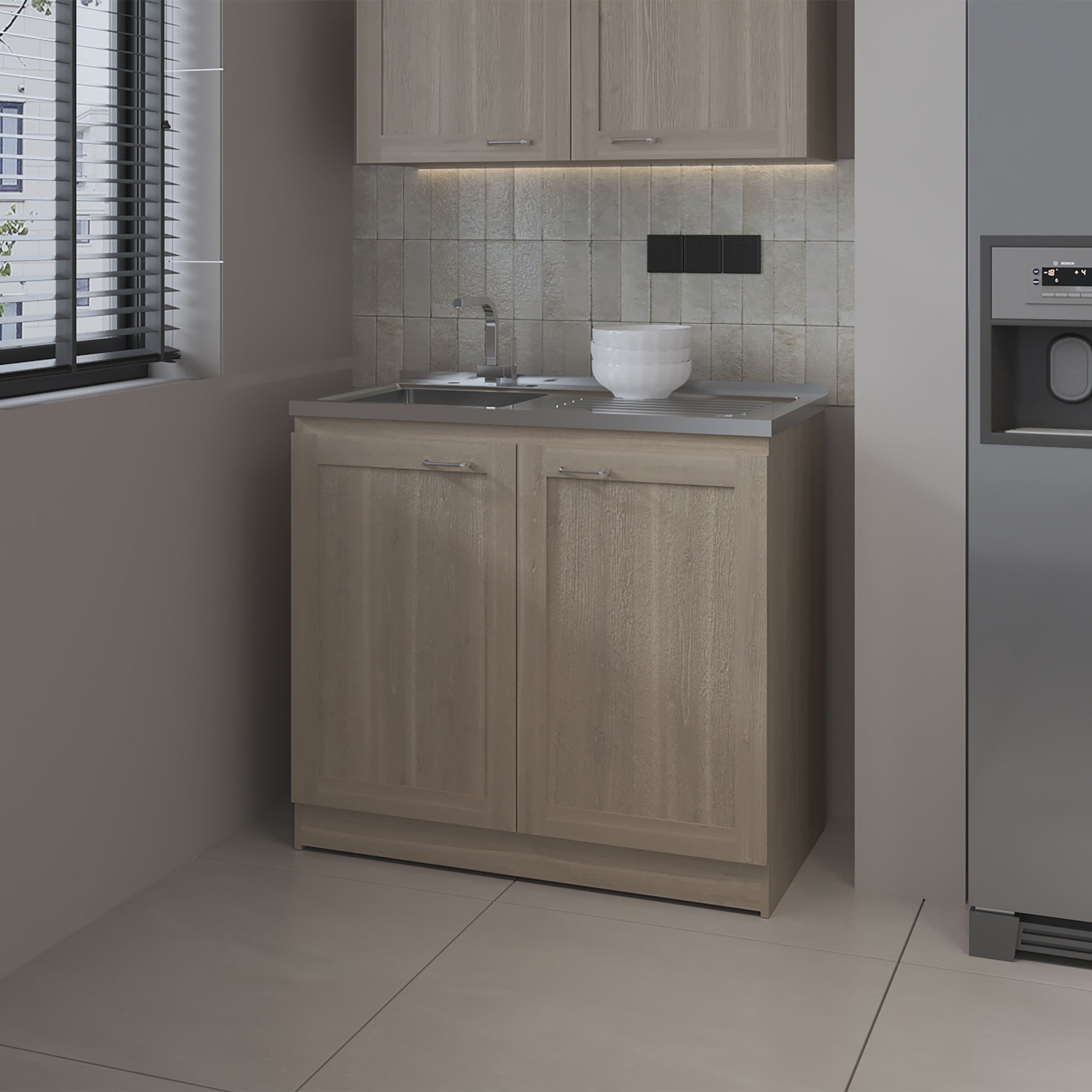 Haivana Utility Sink Base Cabinet with Double Doors and Interior Shelf, White Oak