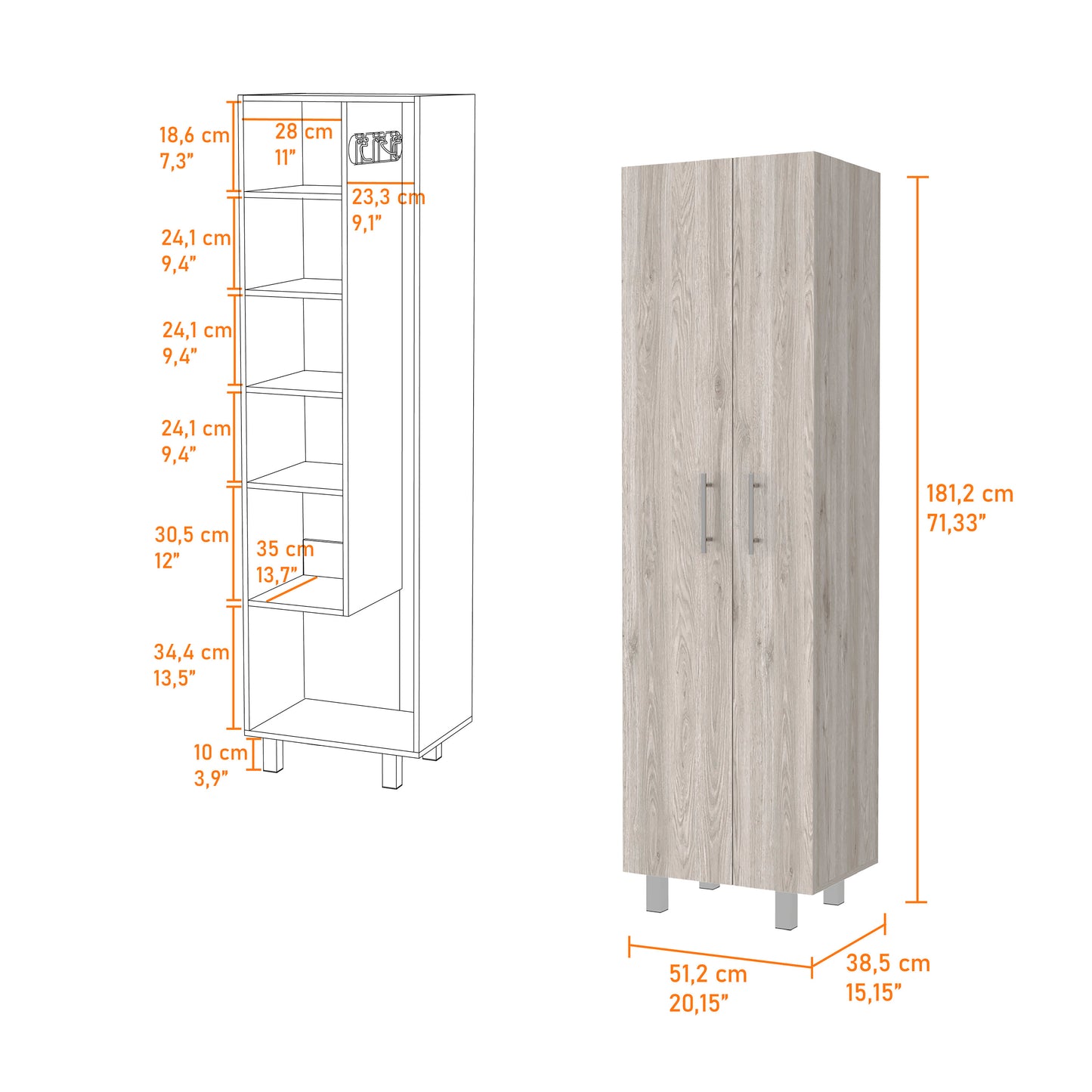Norway Broom Closet Pantry - 5 Shelf Storage Cabinet, Multicolor