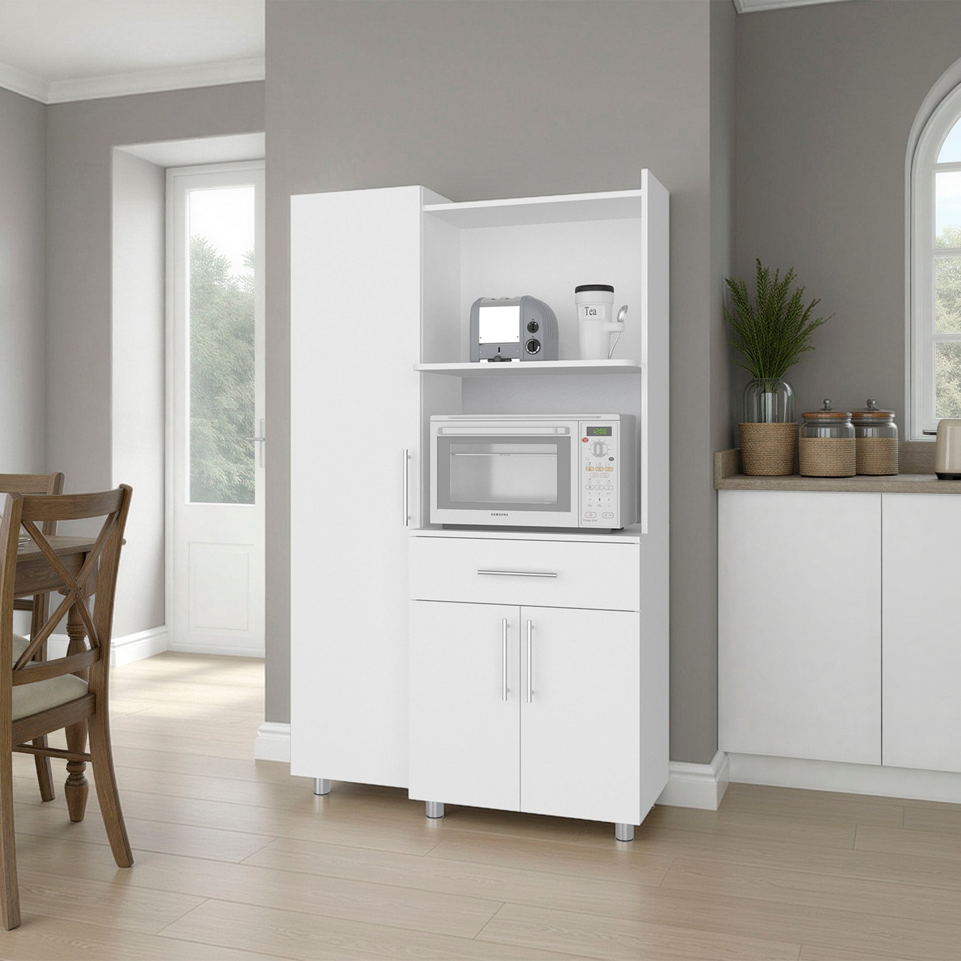 Soul Kitchen Storage Cabinet with Microwave Shelf, Drawer, and Open Compartments, White