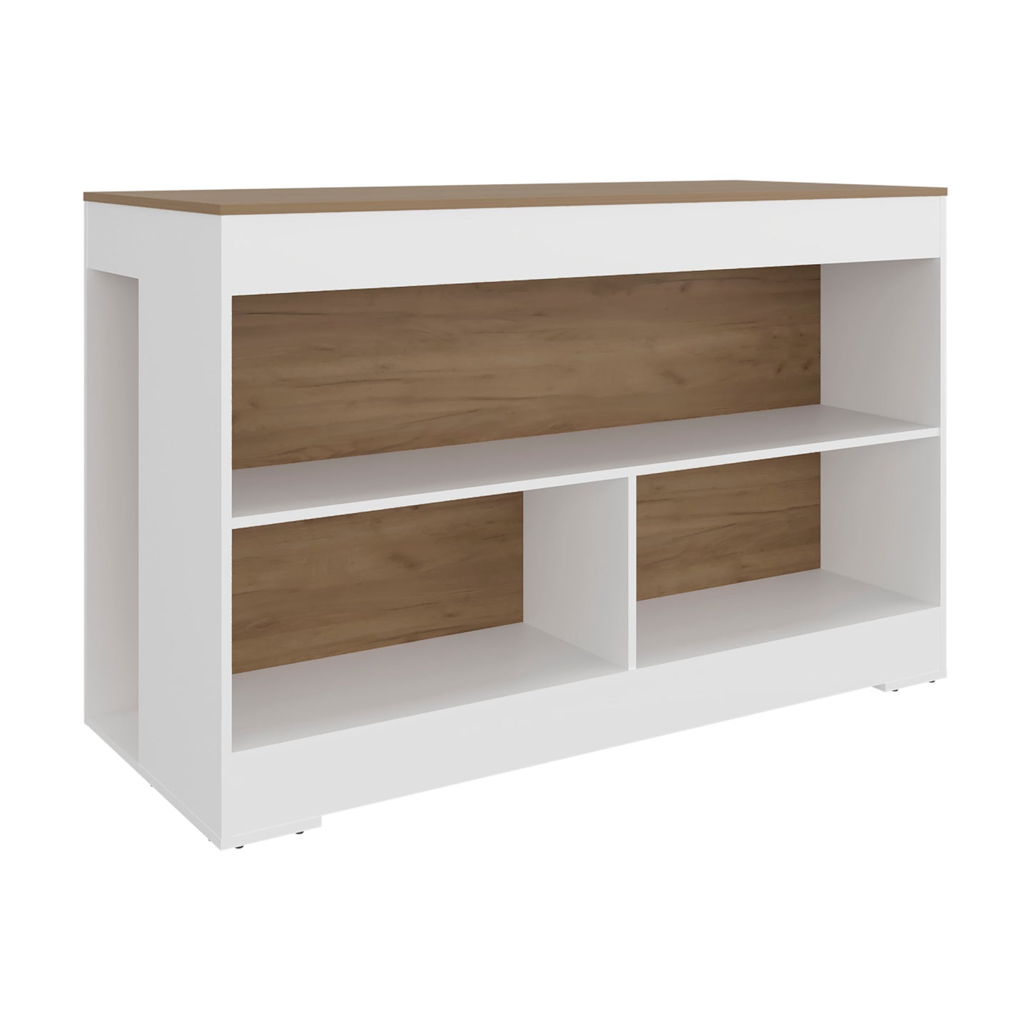 Worland,Kitchen Island with Open Storage and Multi-Purpose Shelving,White and Natural Oak