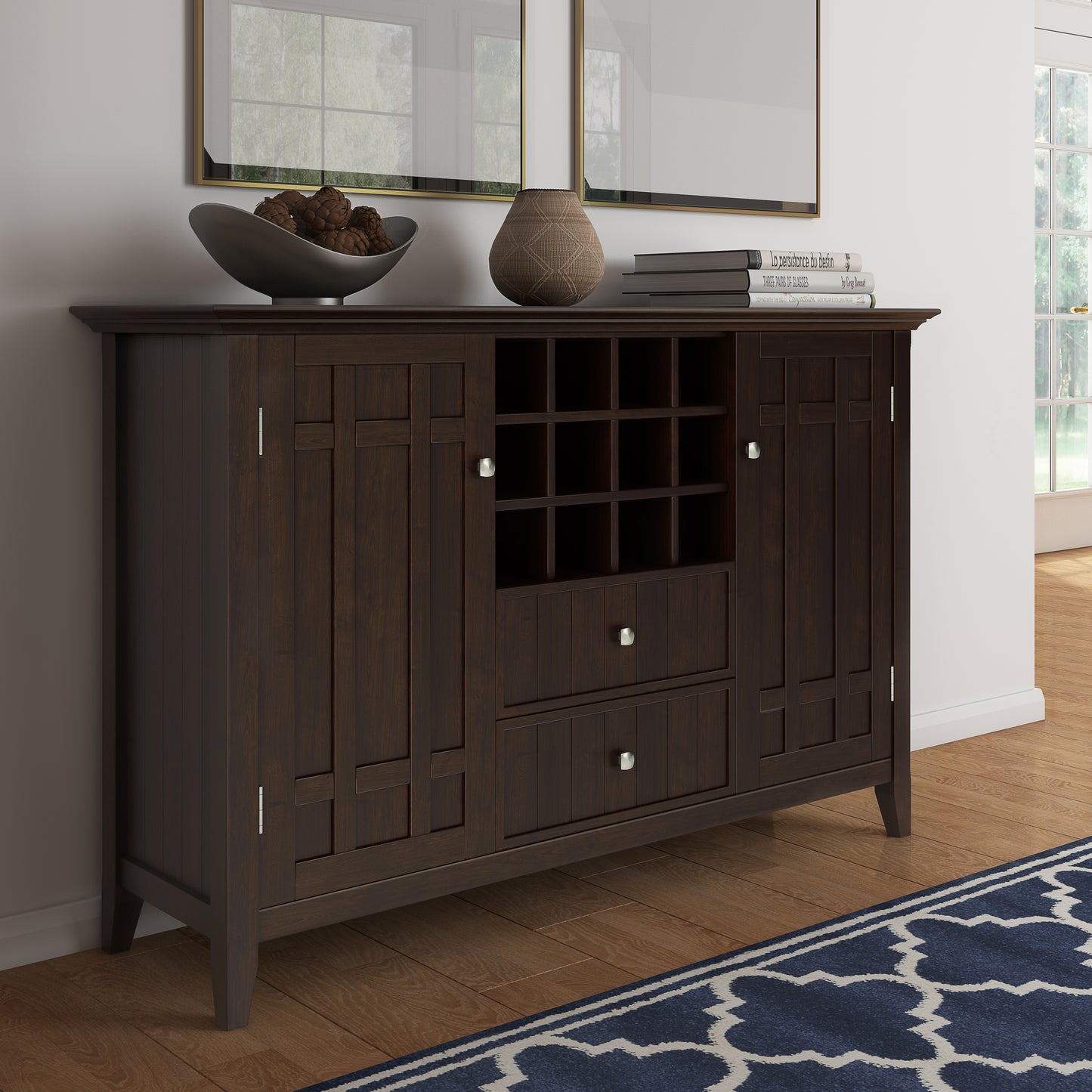 Dark Brown Wood Sideboard Buffet with Wine Rack - 54" Wide