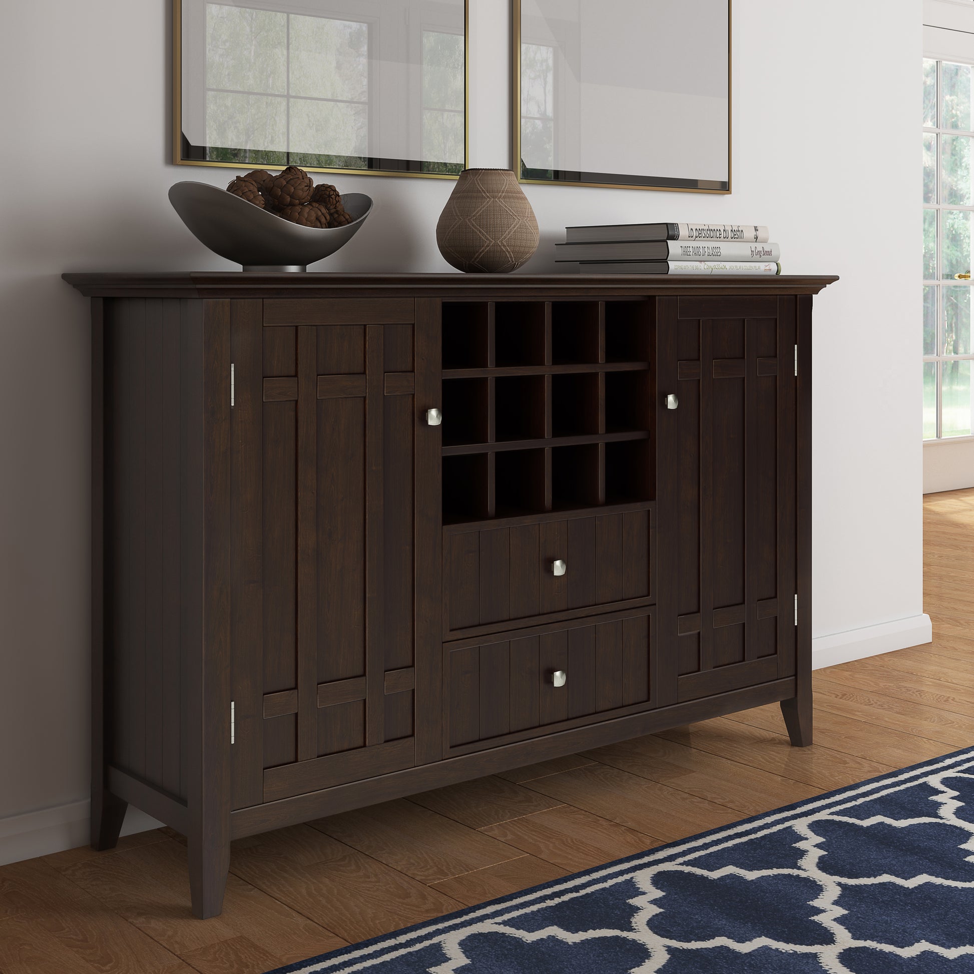 Dark Brown Wood Sideboard Buffet with Wine Rack - 54" Wide