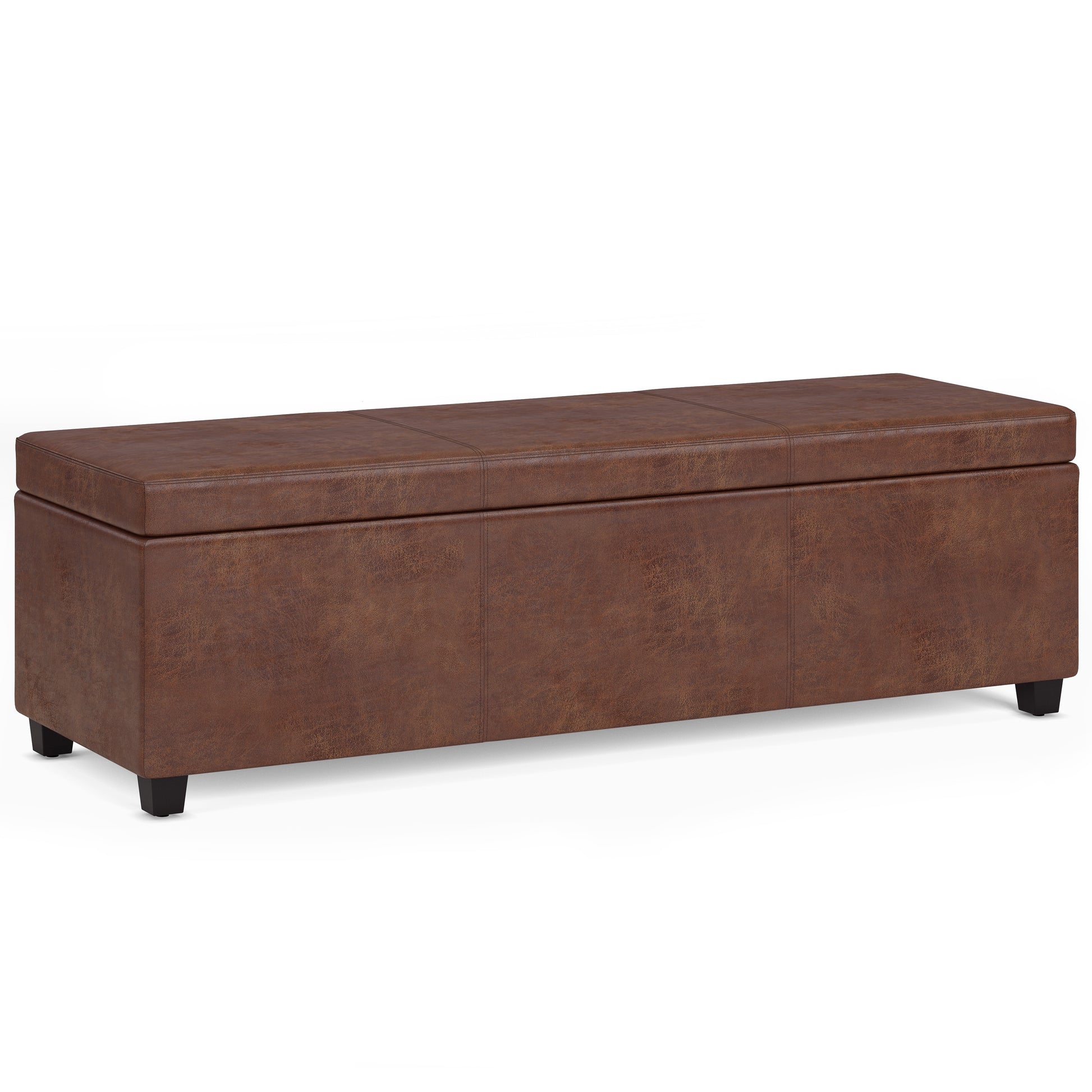 Avalon 54 inch Wide Extra Large Storage Ottoman Bench in Distressed Saddle Brown Vegan Leather