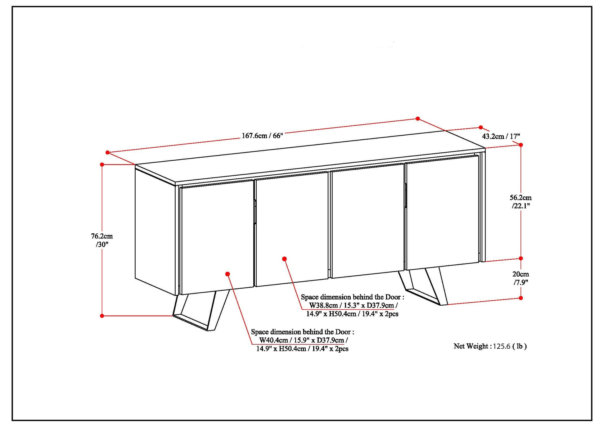 Large 4 Door Sideboard Buffet - Dark Brown Wood