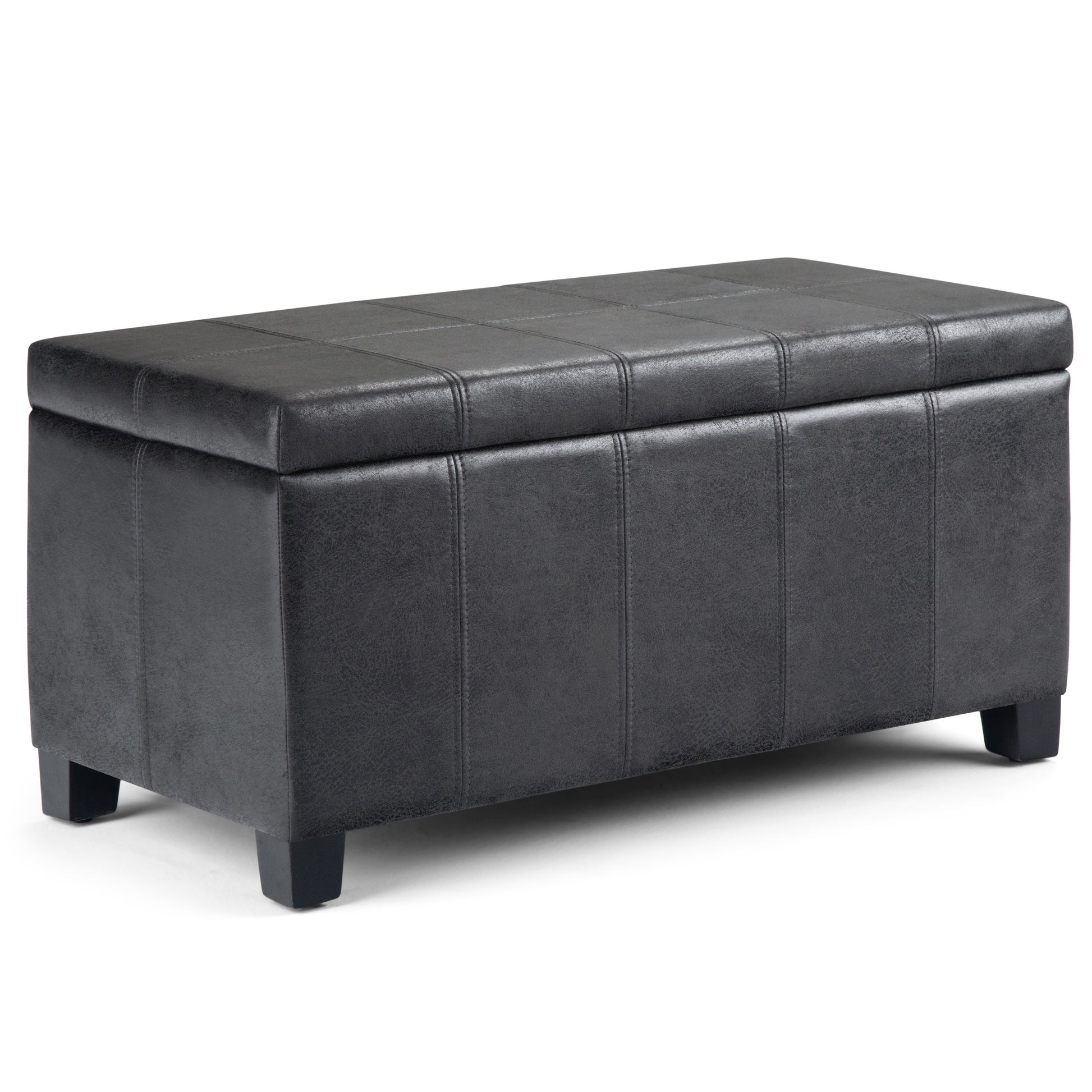 Dover 36 inch Wide Storage Ottoman Bench in Distressed Black Vegan Leather