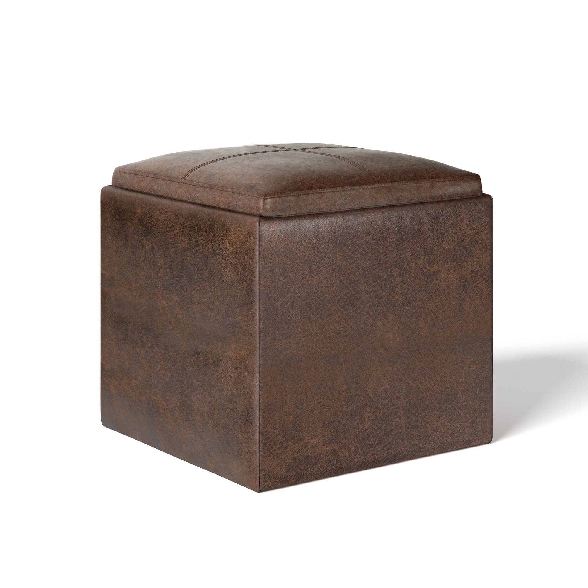Rockwood 17 inch Wide Cube Storage Ottoman with Tray in Distressed Brown Vegan Leather