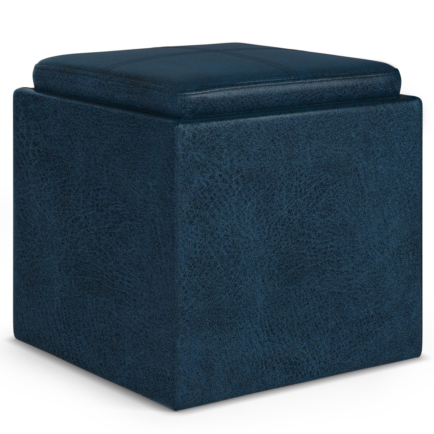 Rockwood 17 inch Wide Cube Storage Ottoman with Tray in Distressed Dark Blue Vegan Leather