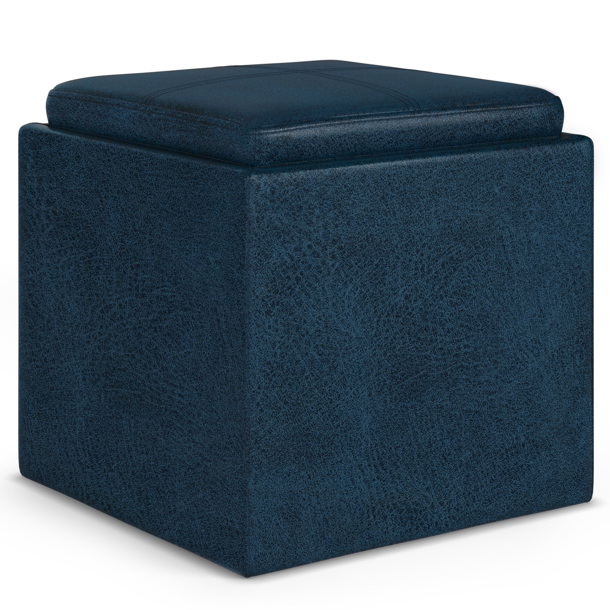 Rockwood 17 inch Wide Cube Storage Ottoman with Tray in Distressed Dark Blue Vegan Leather