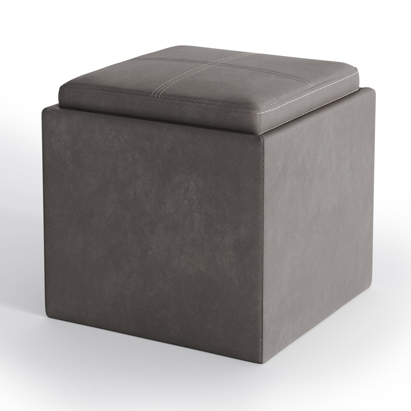Rockwood 17 inch Wide Cube Storage Ottoman with Tray in Distressed Slate Grey Vegan Leather