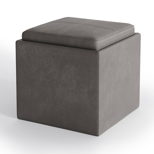 Rockwood 17 inch Wide Cube Storage Ottoman with Tray in Distressed Slate Grey Vegan Leather