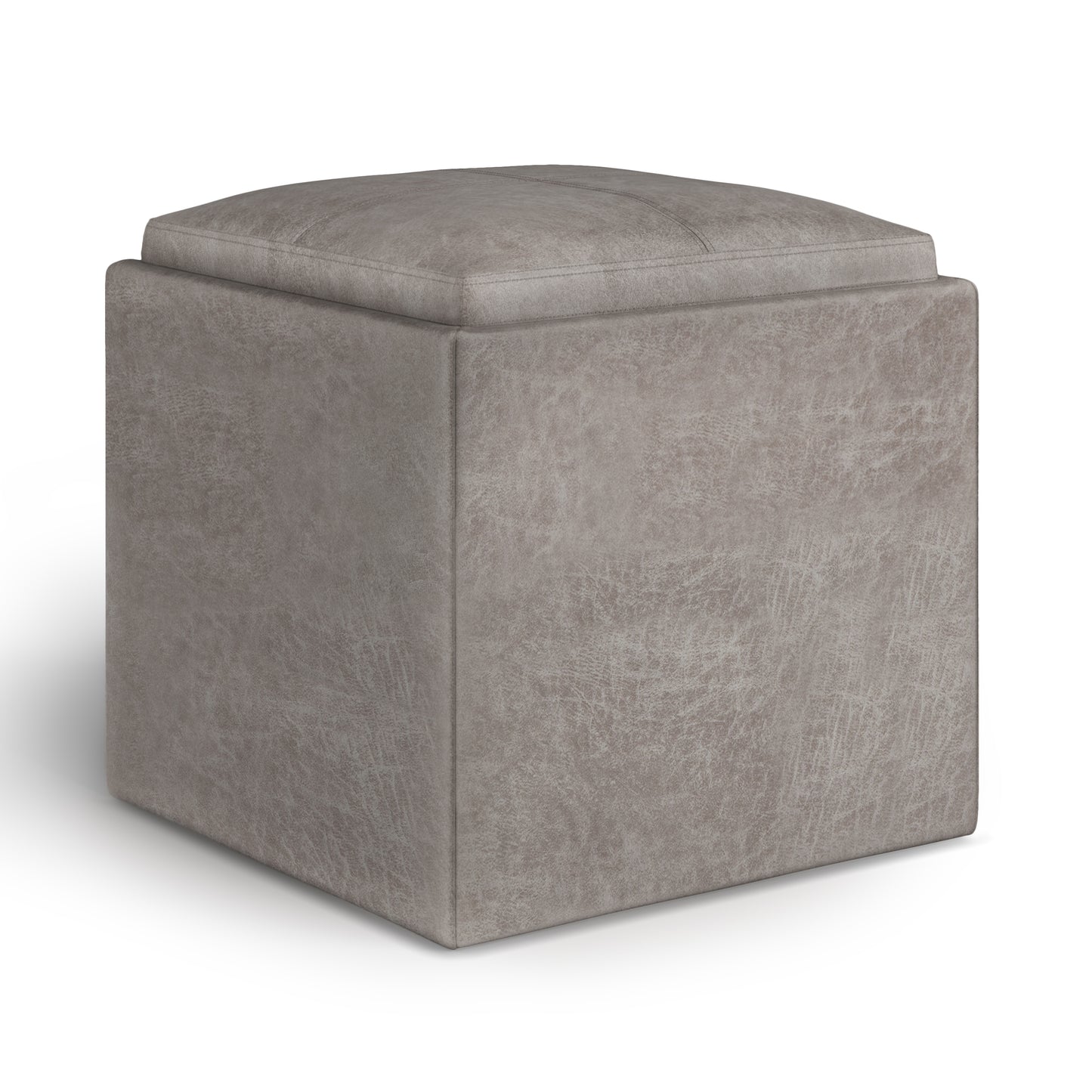 Rockwood 17 inch Wide Cube Storage Ottoman with Tray in Distressed Grey Taupe Vegan Leather