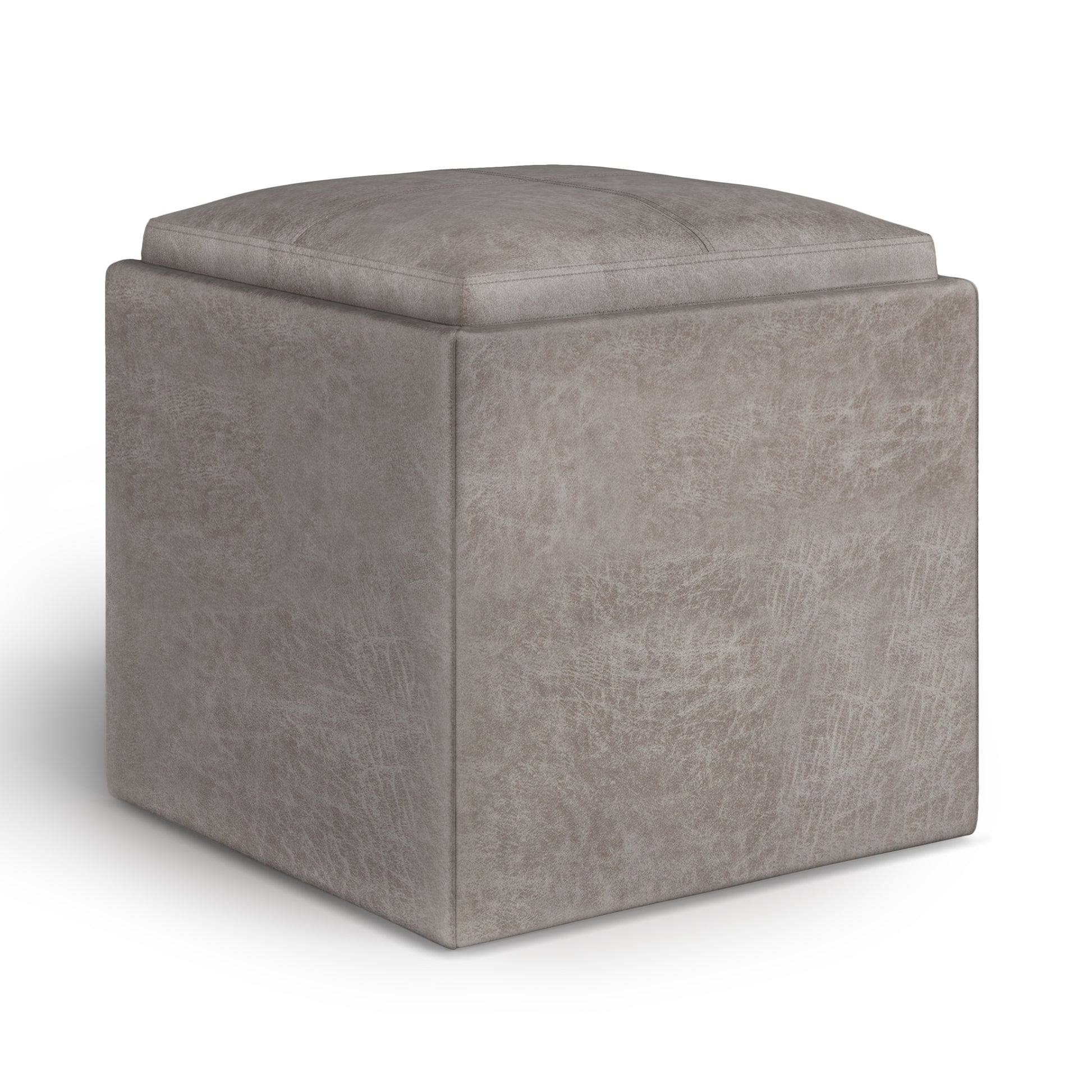 Rockwood 17 inch Wide Cube Storage Ottoman with Tray in Distressed Grey Taupe Vegan Leather