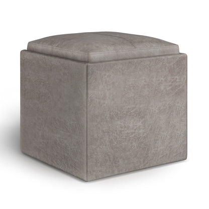 Rockwood 17 inch Wide Cube Storage Ottoman with Tray in Distressed Grey Taupe Vegan Leather