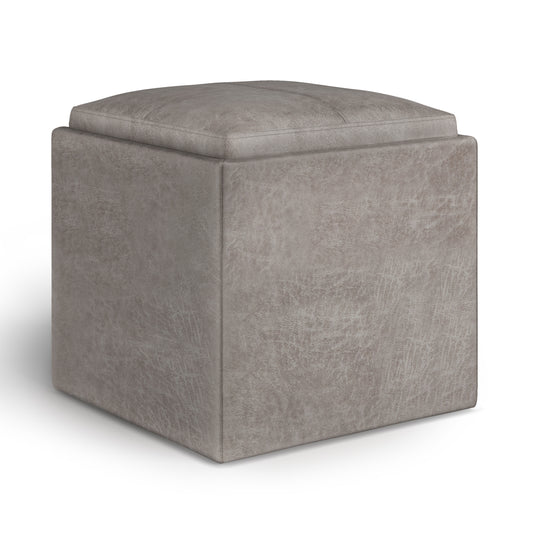 Rockwood 17 inch Wide Cube Storage Ottoman with Tray in Distressed Grey Taupe Vegan Leather