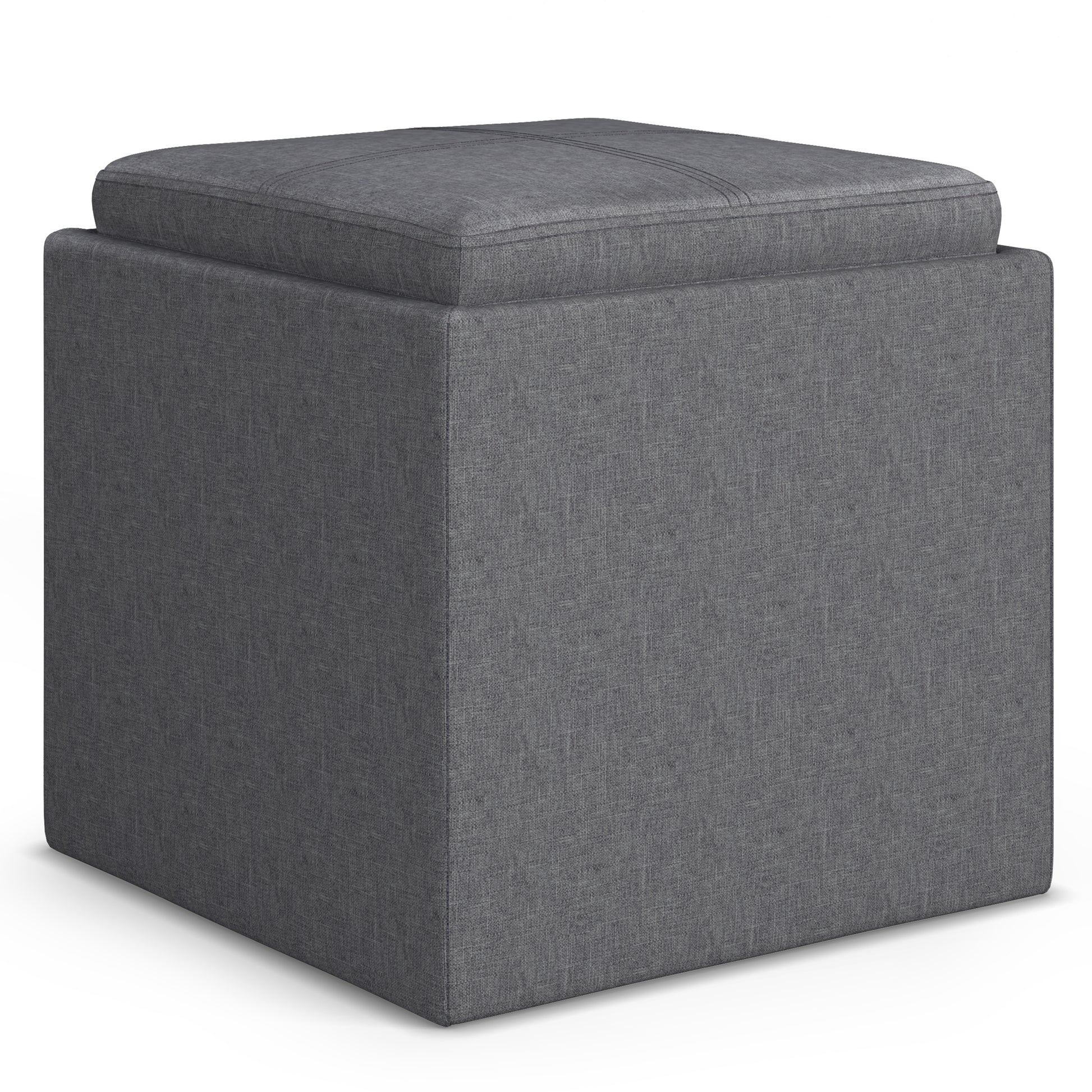 Rockwood 17 inch Wide Cube Storage Ottoman with Tray in Slate Grey Linen-Look Fabric