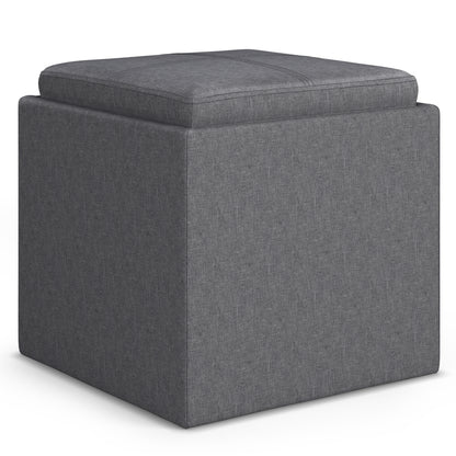 Rockwood 17 inch Wide Cube Storage Ottoman with Tray in Slate Grey Linen-Look Fabric