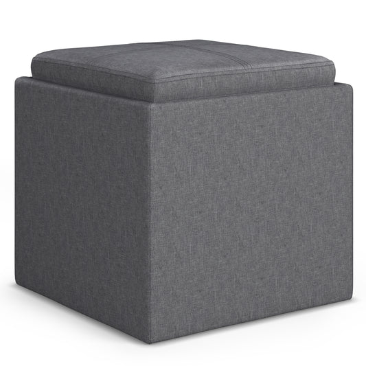 Rockwood 17 inch Wide Cube Storage Ottoman with Tray in Slate Grey Linen-Look Fabric