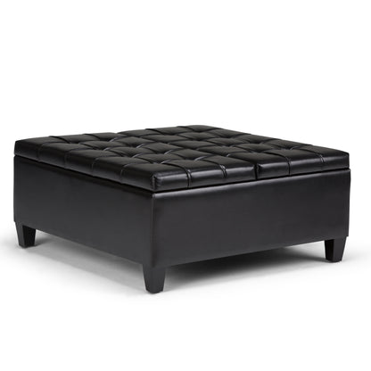 Harrison 36 inch Wide Coffee Table Storage Ottoman in Midnight Black Vegan Leather