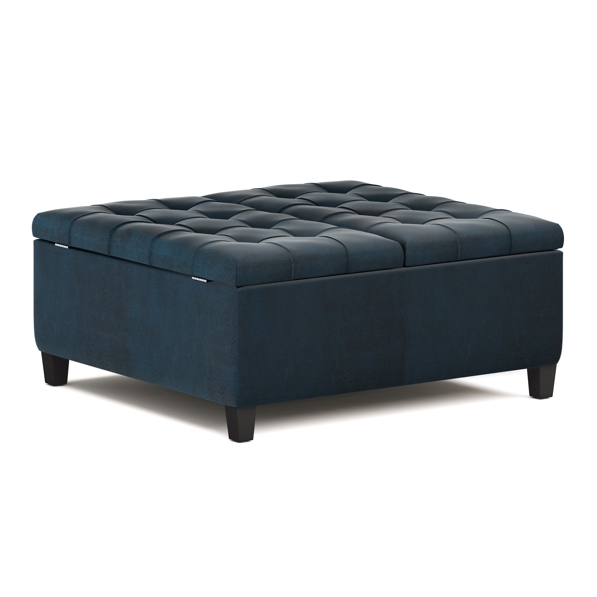 Harrison 36 inch Wide Coffee Table Storage Ottoman in Distressed Dark Blue Vegan Leather