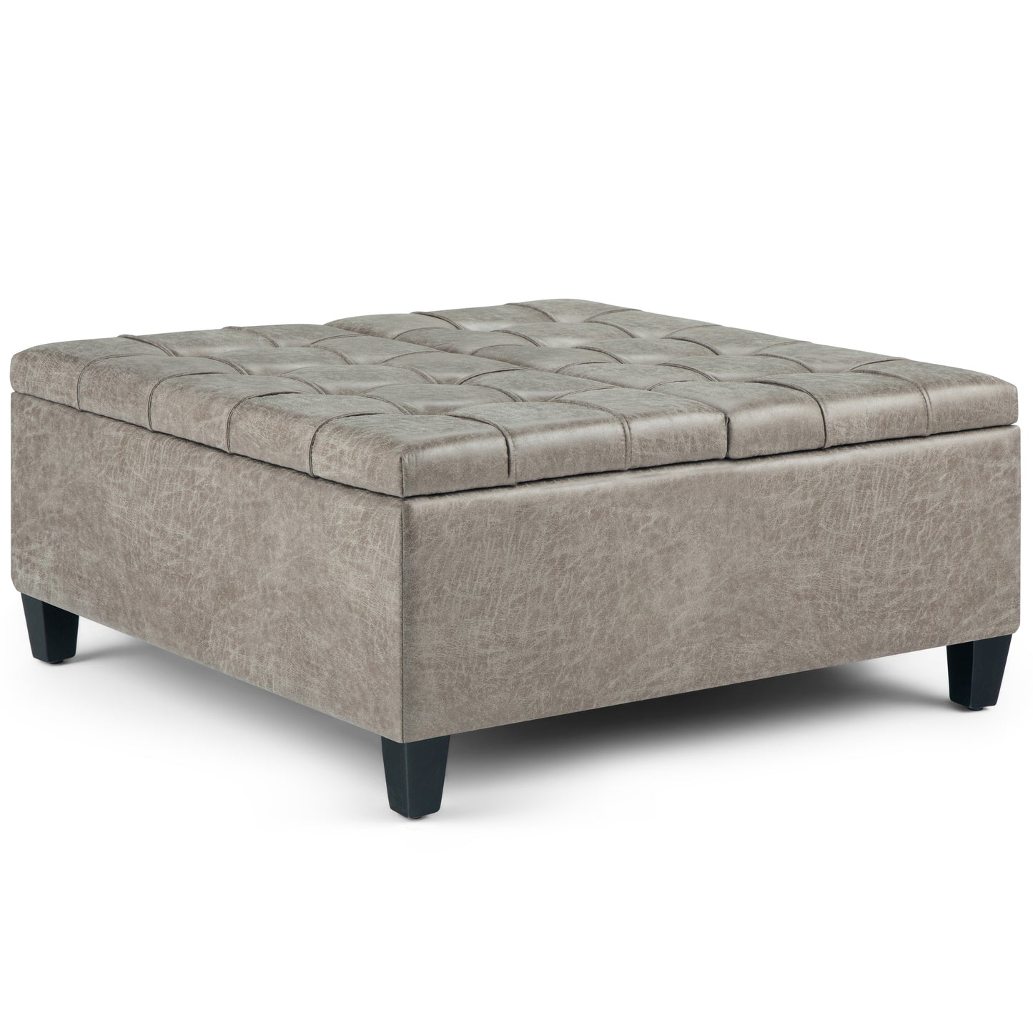 Harrison 36 inch Wide Coffee Table Storage Ottoman in Distressed Grey Taupe Vegan Leather