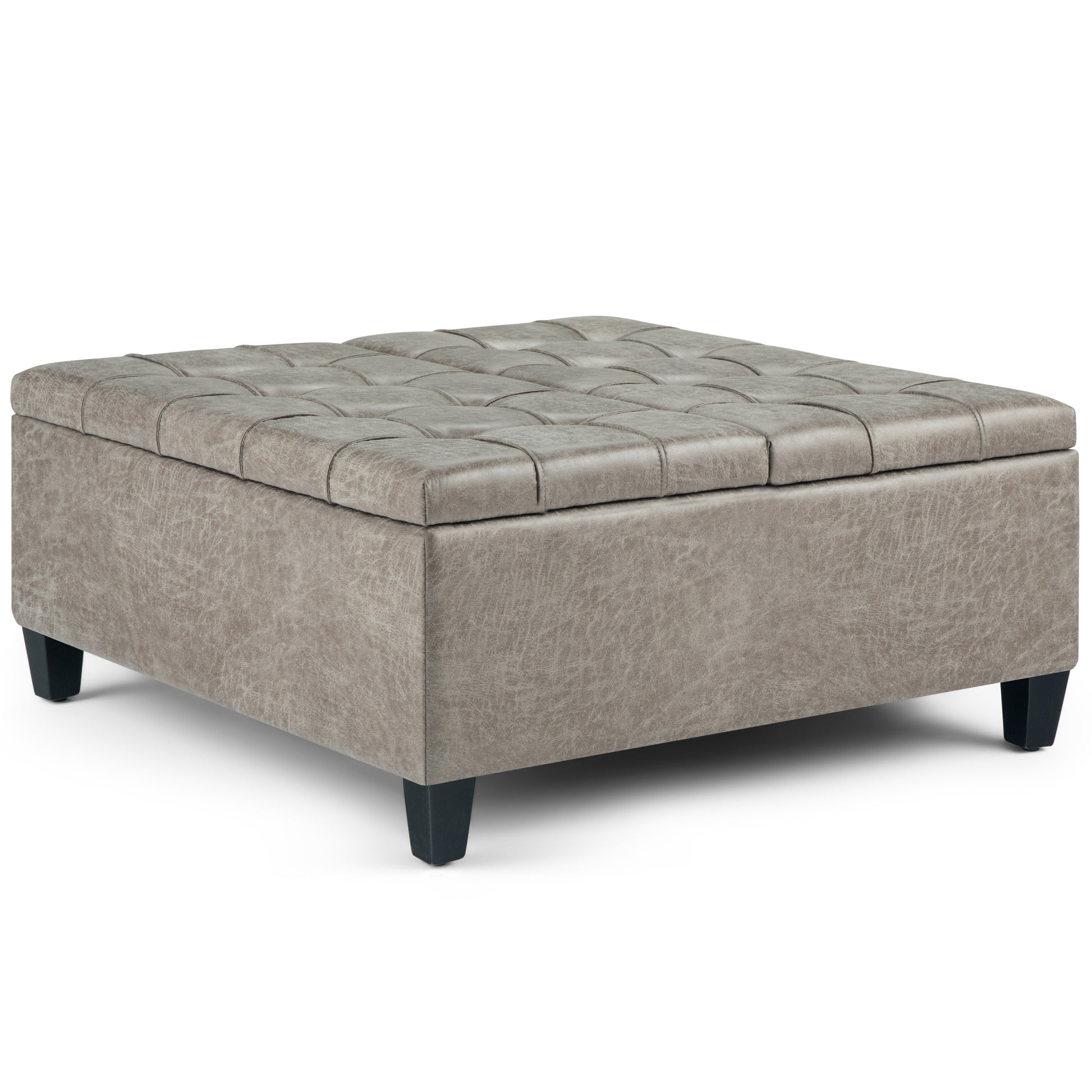 Harrison 36 inch Wide Coffee Table Storage Ottoman in Distressed Grey Taupe Vegan Leather