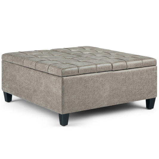 Harrison 36 inch Wide Coffee Table Storage Ottoman in Distressed Grey Taupe Vegan Leather