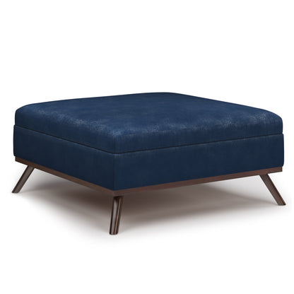 Owen 36 inch Wide Square Coffee Table Storage Ottoman in Distressed Dark Blue Vegan Leather
