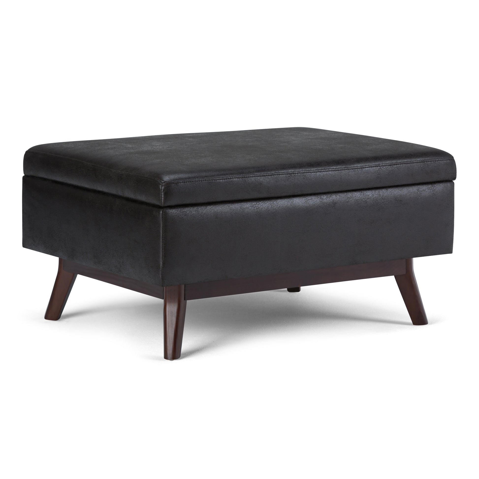 Owen 34 inch Wide Coffee Table Storage Ottoman in Distressed Black Vegan Leather