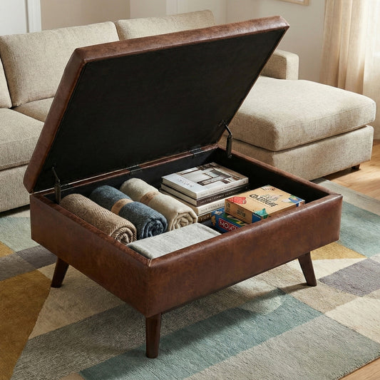 Owen 34 inch Wide Coffee Table Storage Ottoman in Distressed Saddle Brown Vegan Leather