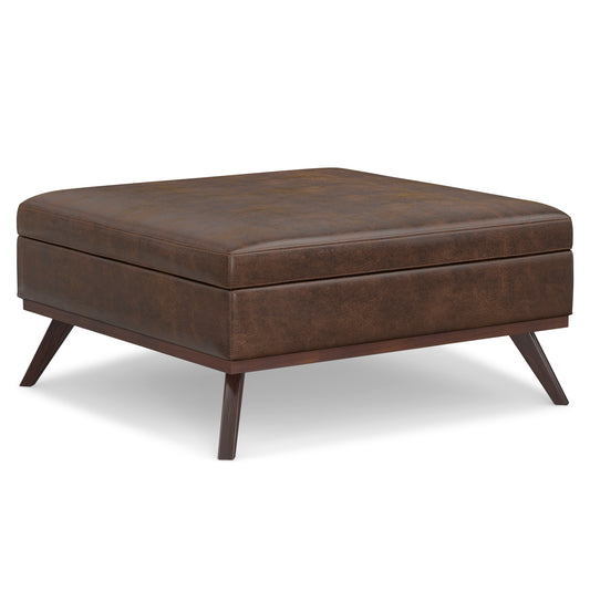 Owen 40 inch Wide XL Square Coffee Table Storage Ottoman in Distressed Chestnut Brown Vegan Leather
