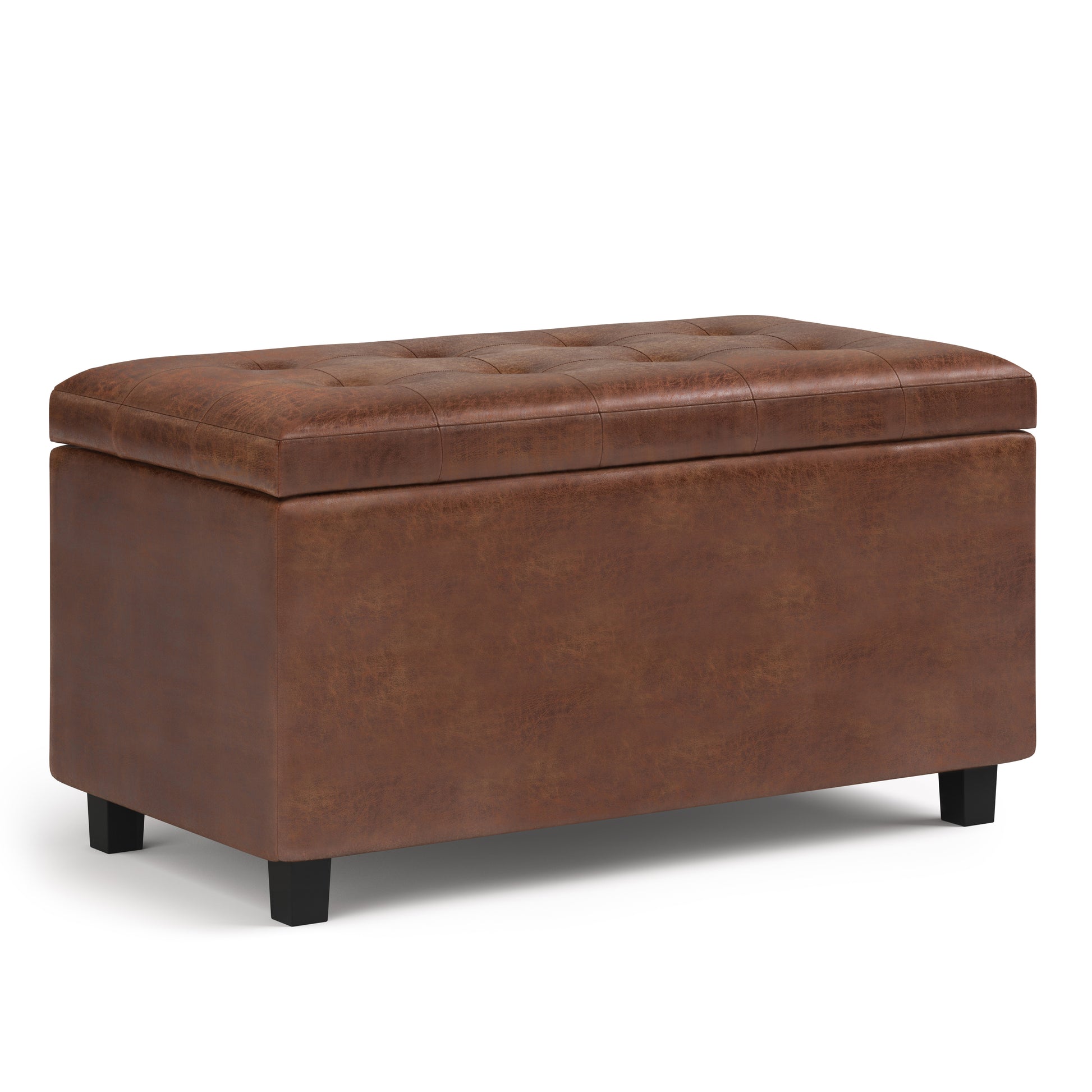 Cosmopolitan 34 inch Wide Storage Ottoman in Distressed Saddle Brown Vegan Leather