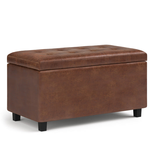 Cosmopolitan 34 inch Wide Storage Ottoman in Distressed Saddle Brown Vegan Leather
