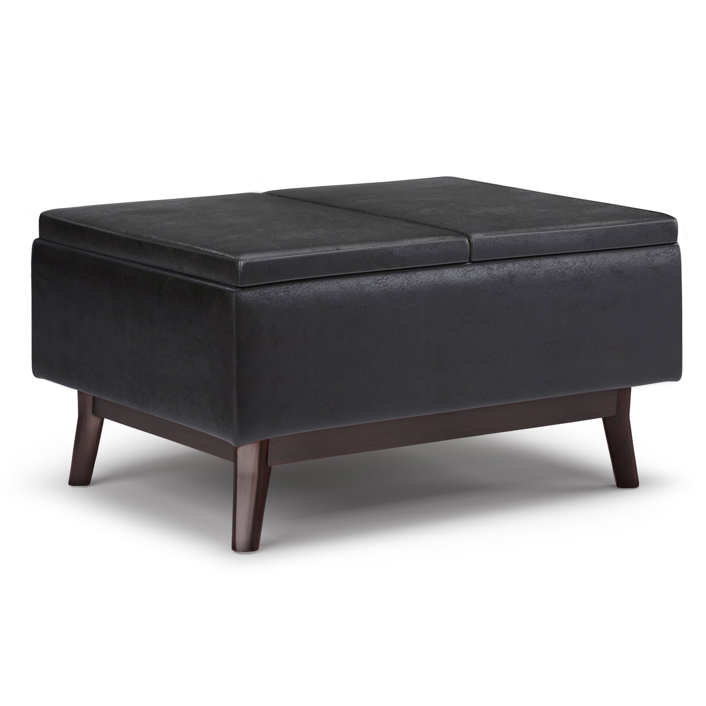 Owen 34 inch Wide Tray Top Small Coffee Table Storage Ottoman in Distressed Black Vegan Leather