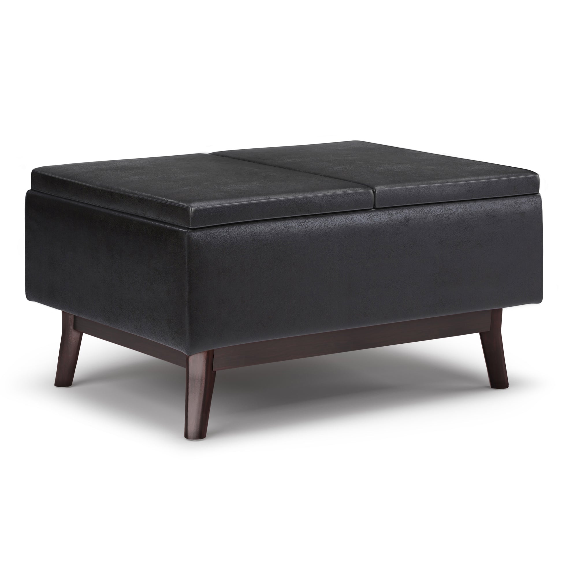 Owen 34 inch Wide Tray Top Small Coffee Table Storage Ottoman in Distressed Black Vegan Leather