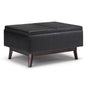 Owen 34 inch Wide Tray Top Small Coffee Table Storage Ottoman in Distressed Black Vegan Leather
