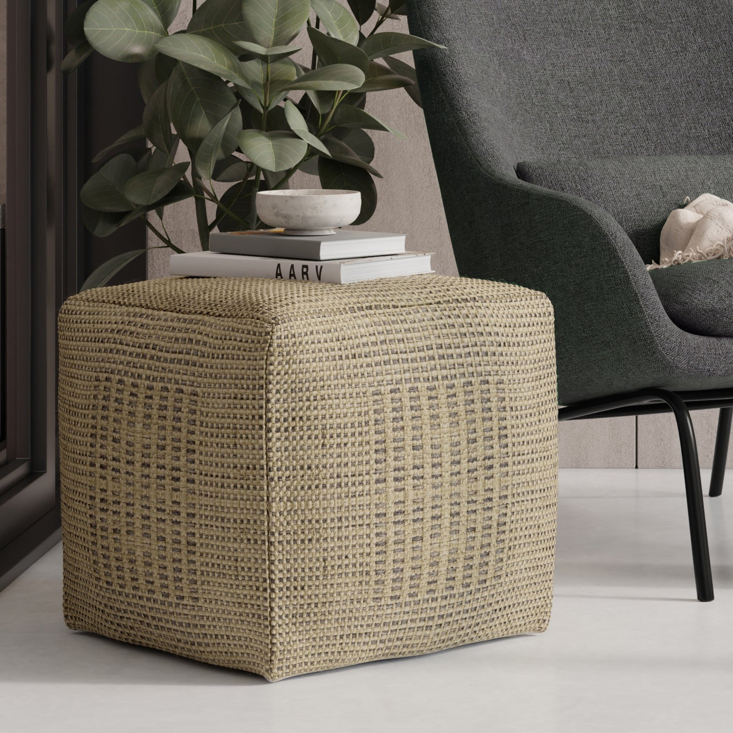 Delilah 18 inch Wide Square Pouf in Natural Handwoven Jute