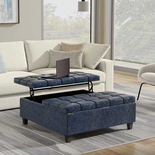Harrison 40 inch Wide Large Square Coffee Table Storage Ottoman in Denim Blue Vegan Leather