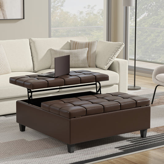 Harrison 40 inch Wide Large Square Coffee Table Storage Ottoman in Chocolate Brown Vegan Leather