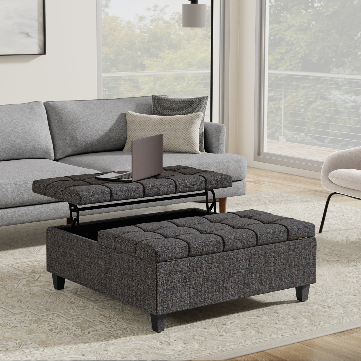 Harrison 40 inch Wide Large Square Coffee Table Storage Ottoman in Ebony Polyester Tweed