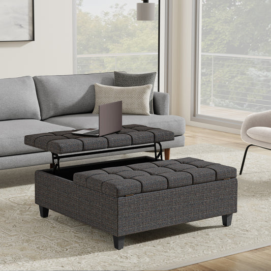 Harrison 40 inch Wide Large Square Coffee Table Storage Ottoman in Ebony Polyester Tweed