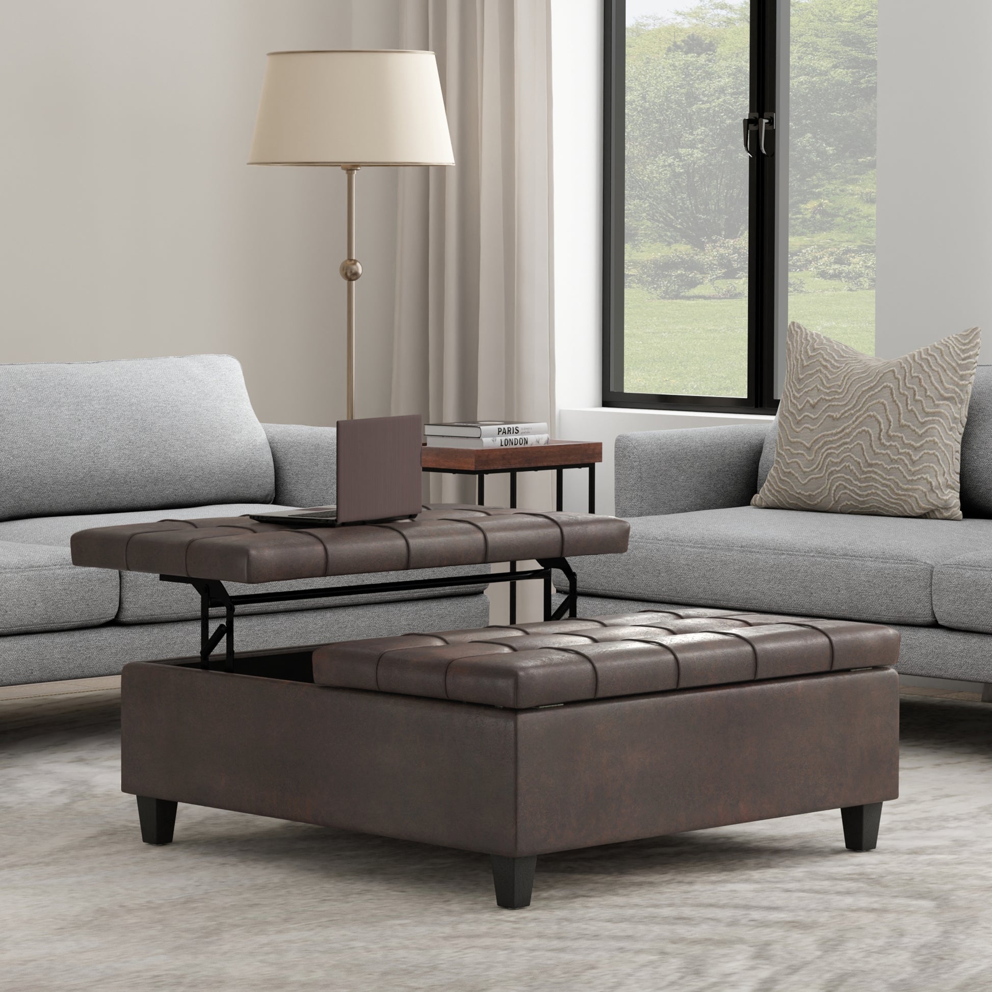Harrison 40 inch Wide Large Square Coffee Table Storage Ottoman in Distressed Brown Vegan Leather