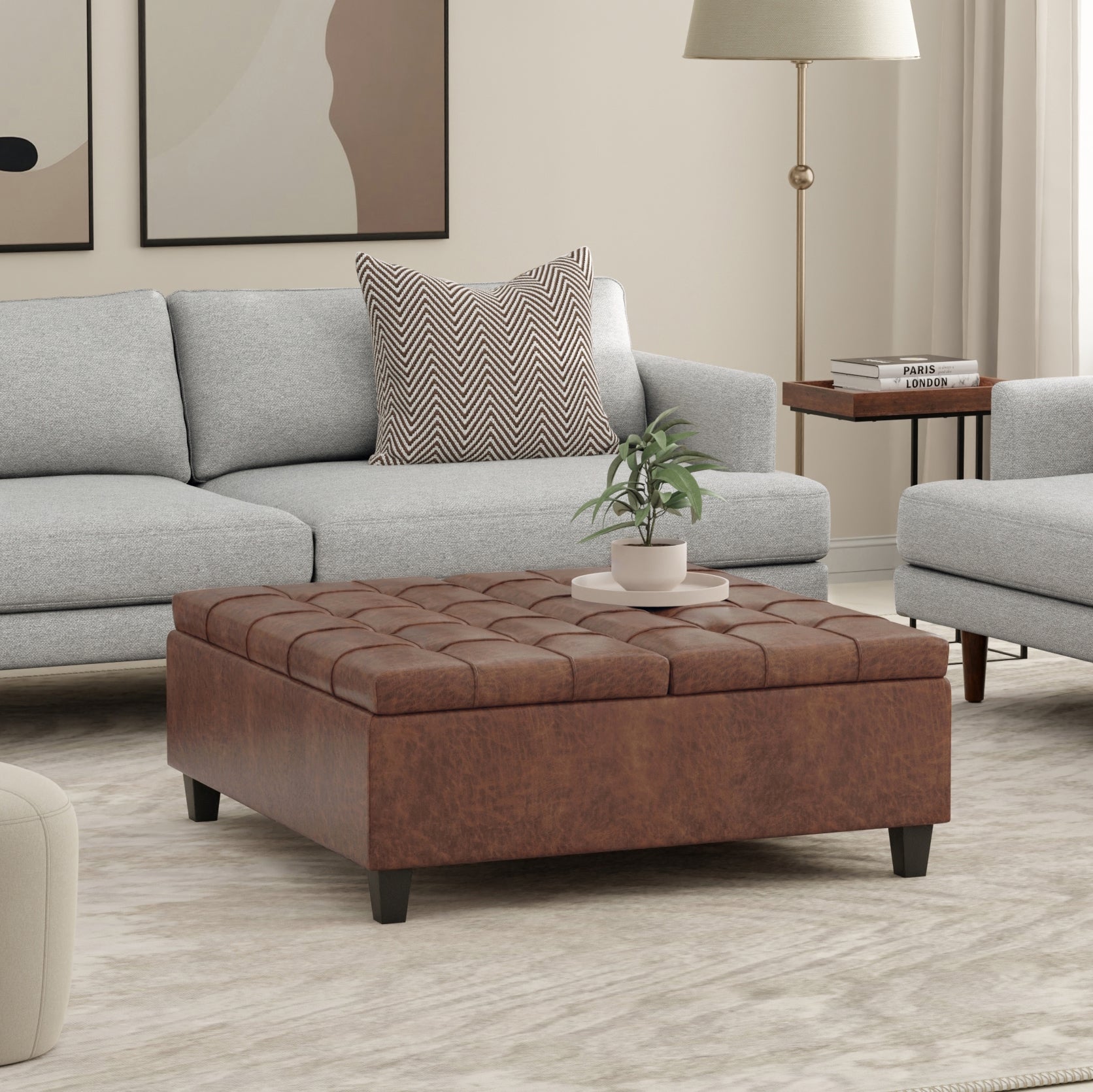 Harrison 40 inch Wide Large Square Coffee Table Storage Ottoman in Distressed Saddle Brown Vegan Leather