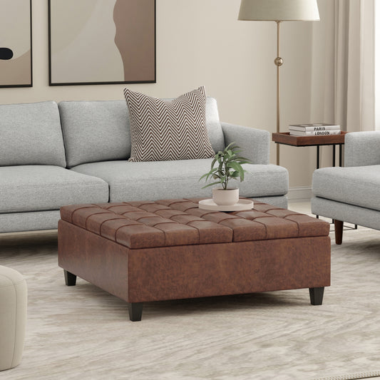 Harrison 40 inch Wide Large Square Coffee Table Storage Ottoman in Distressed Saddle Brown Vegan Leather