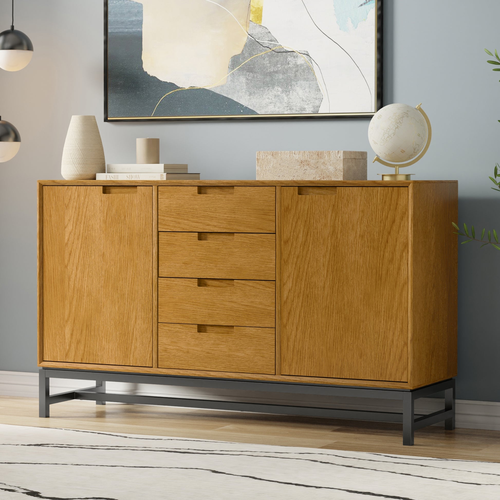 Banting 60 inch Wide Mid Century Sideboard with Centre Drawers in Oak Veneer