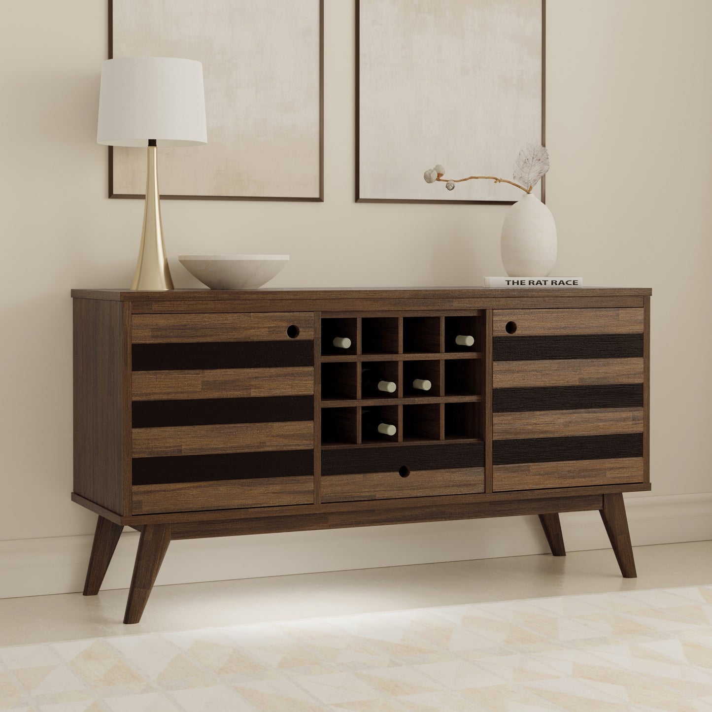Clarkson 60 inch Wide Solid Acacia Wood Sideboard with Wine Storage in Rustic Natural Aged Brown