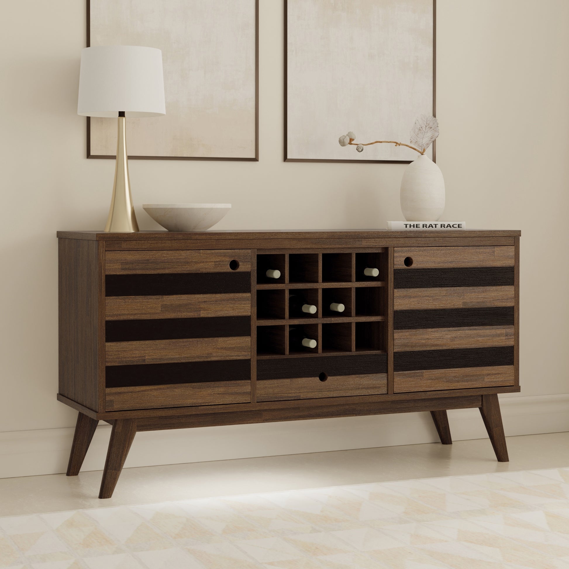 Clarkson 60 inch Wide Solid Acacia Wood Sideboard with Wine Storage in Rustic Natural Aged Brown