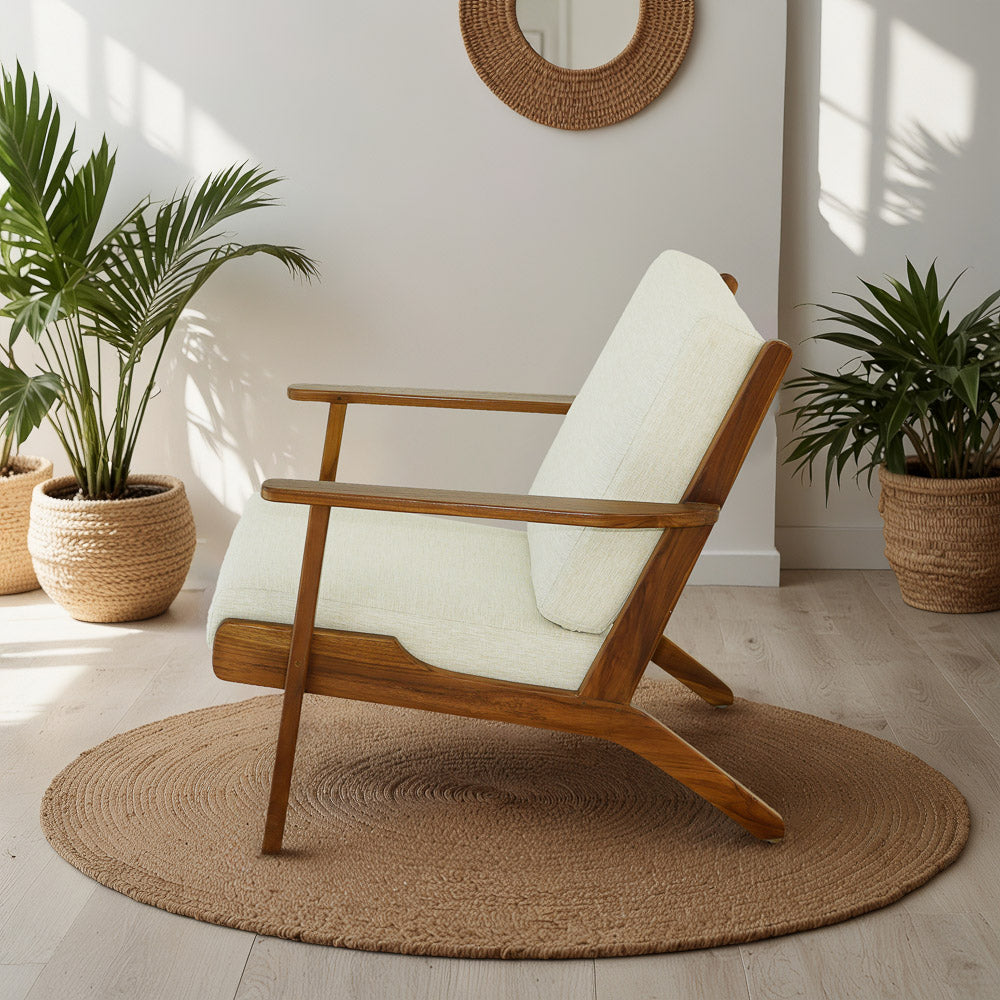 Cream Linen Lounge Chair - 29.9" Solid Wood Frame