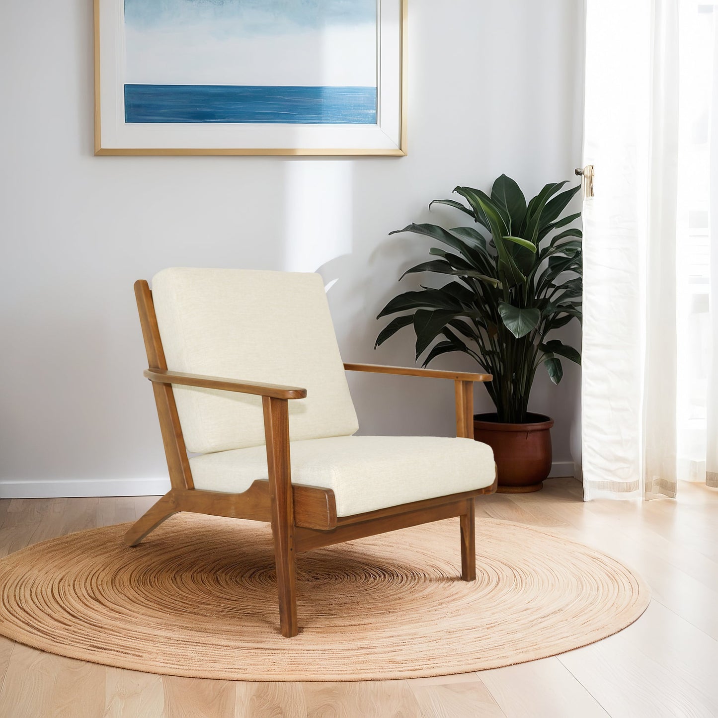 Cream Linen Lounge Chair - 29.9" Solid Wood Frame