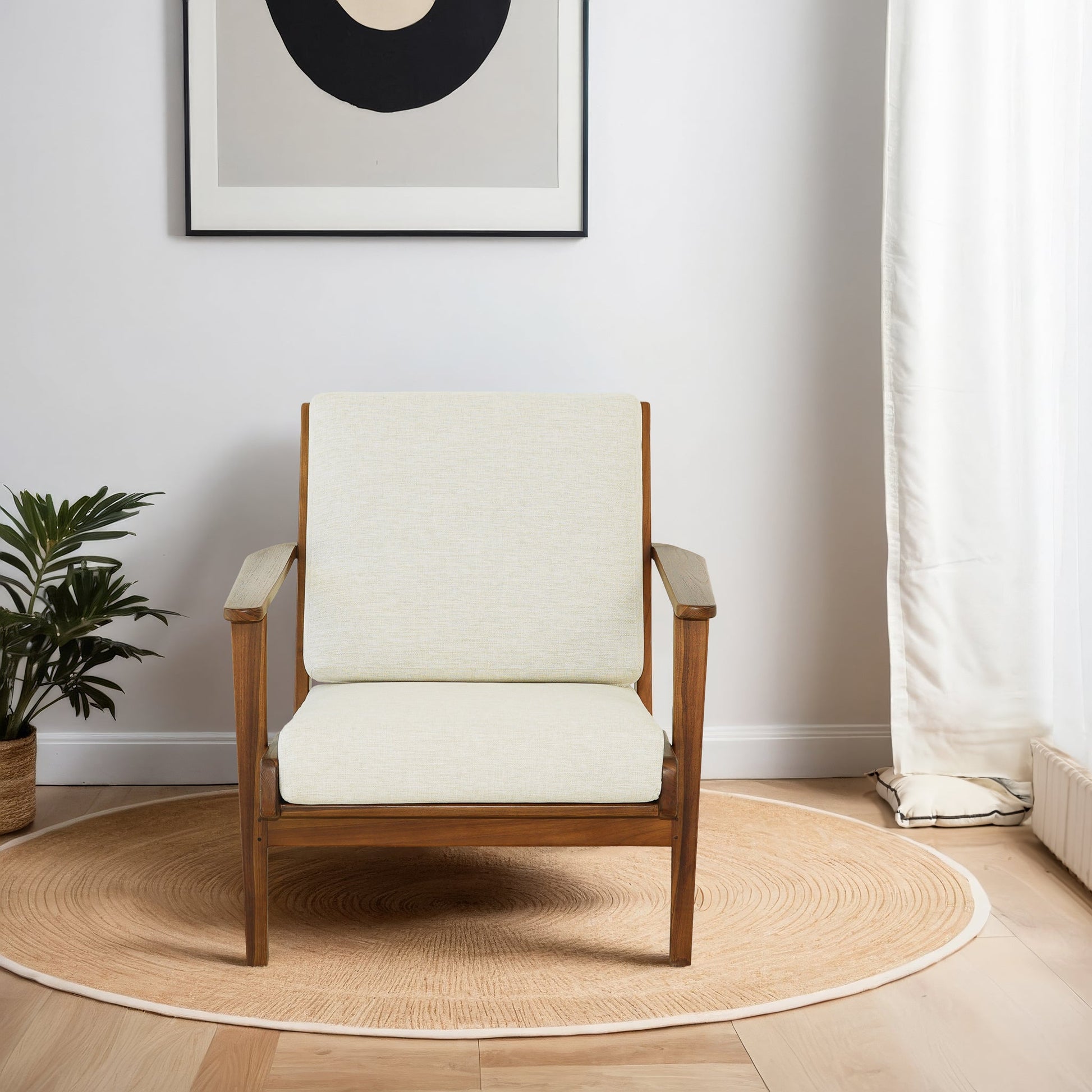 Cream Linen Lounge Chair - 29.9" Solid Wood Frame
