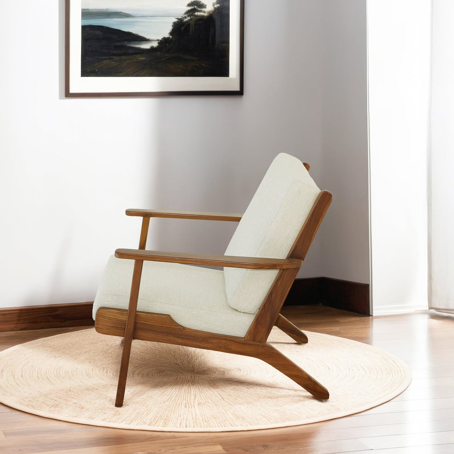 Cream Linen Lounge Chair - 29.9" Solid Wood Frame